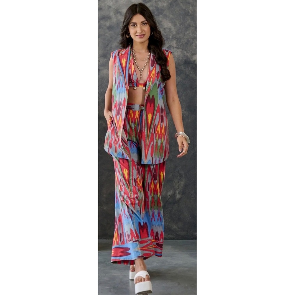 Gulaal Womens Ikat Print Blazer Large Multicolor Sleeveless Open‎ Front Vest